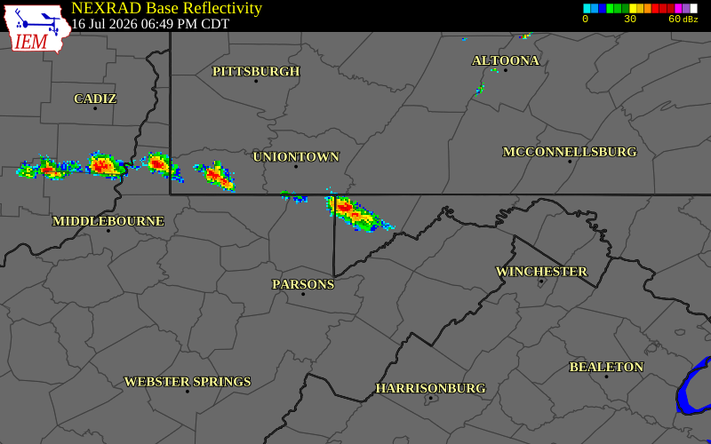 NEXRAD radar during the Thursday, July 16, 2026 storm activity in Garrett County, Maryland