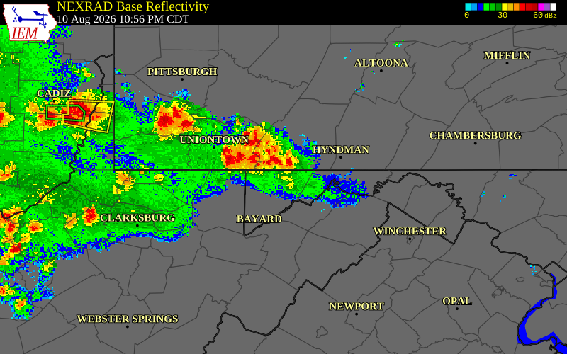 NEXRAD radar during the Monday, August 10, 2026 storm activity in Garrett County, Maryland