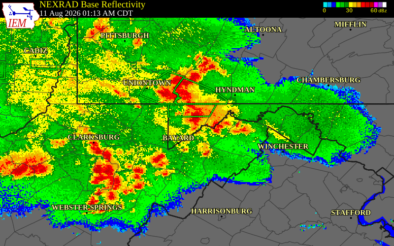 NEXRAD radar during the Tuesday, August 11, 2026 storm activity in Garrett County, Maryland