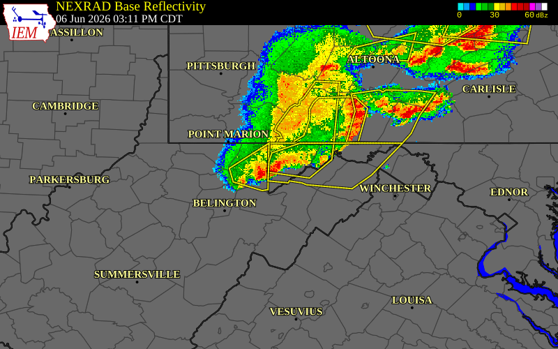 Radar snapshot during the Jun 6, 2026 wind event near Mountain Lake Park, Garrett County, Maryland, with NWS warning polygons
