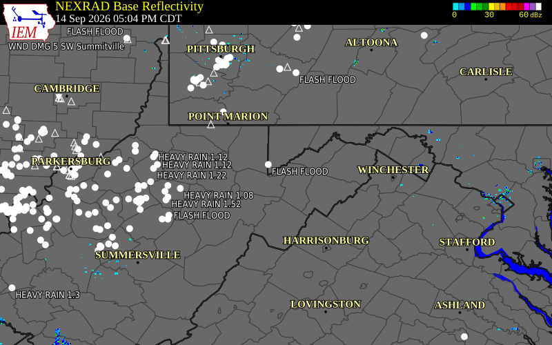 Current NEXRAD radar over Garrett County, Maryland with recent storm report locations