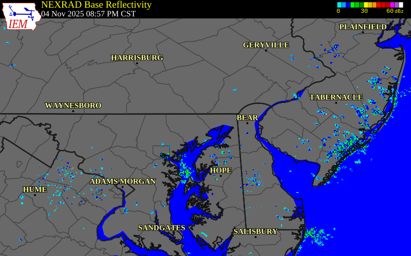 NEXRAD radar during the Tuesday, November 4, 2025 storm activity in Harford County, Maryland