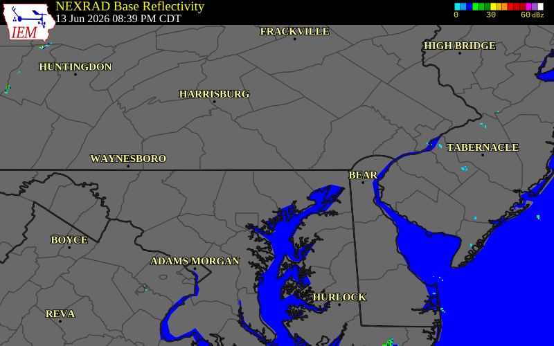 NEXRAD radar during the Saturday, June 13, 2026 storm activity in Harford County, Maryland