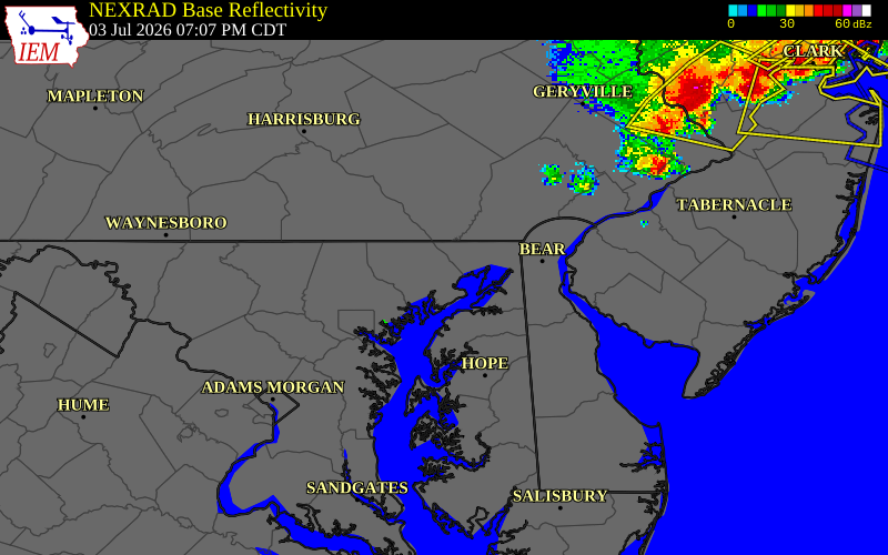 NEXRAD radar during the Friday, July 3, 2026 storm activity in Harford County, Maryland