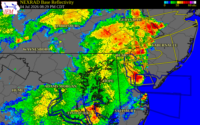 NEXRAD radar during the Saturday, July 4, 2026 storm activity in Harford County, Maryland