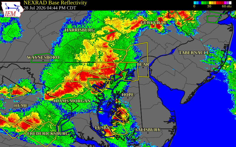 NEXRAD radar during the Tuesday, July 28, 2026 storm activity in Harford County, Maryland