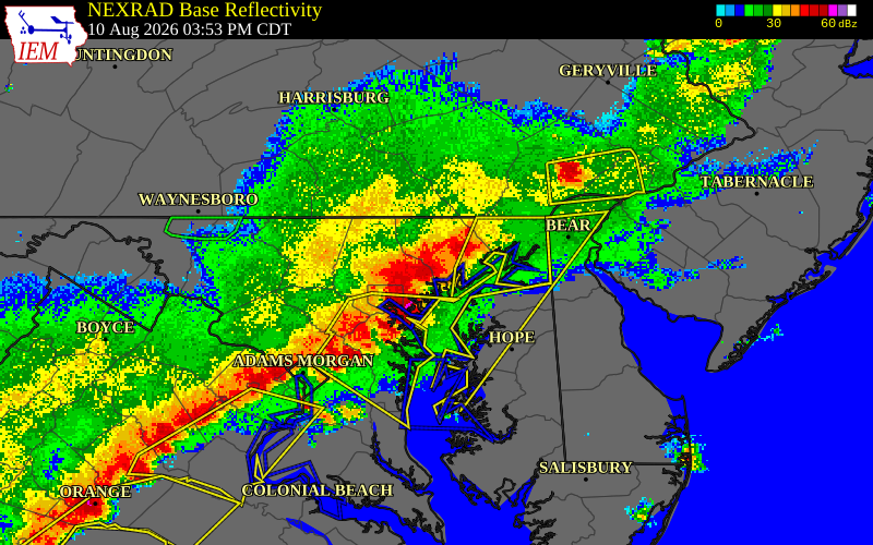 NEXRAD radar during the Monday, August 10, 2026 storm activity in Harford County, Maryland
