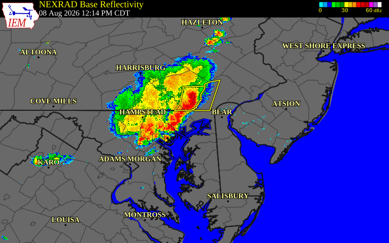 Radar snapshot during the Aug 8, 2026 wind event near 1 NNE Havre De Grace, Harford County, Maryland, with NWS warning polygons