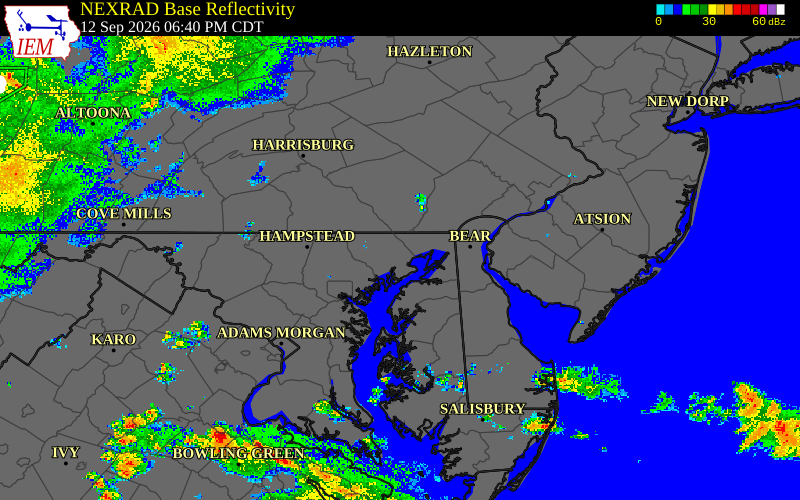 Current NEXRAD radar over Harford County, Maryland with recent storm report locations