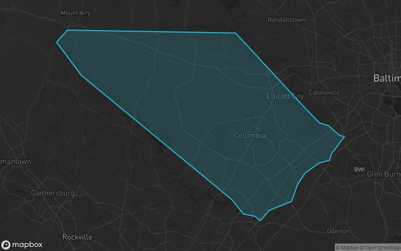 Map of Howard County, Maryland showing the county boundary and surrounding cities