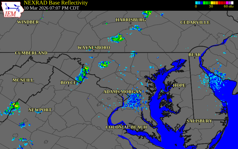 NEXRAD radar during the Tuesday, March 10, 2026 storm activity in Howard County, Maryland