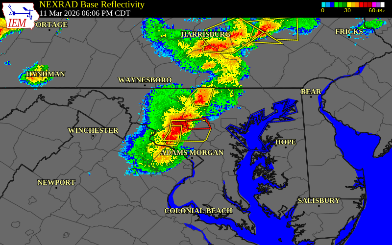 NEXRAD radar during the Wednesday, March 11, 2026 storm activity in Howard County, Maryland