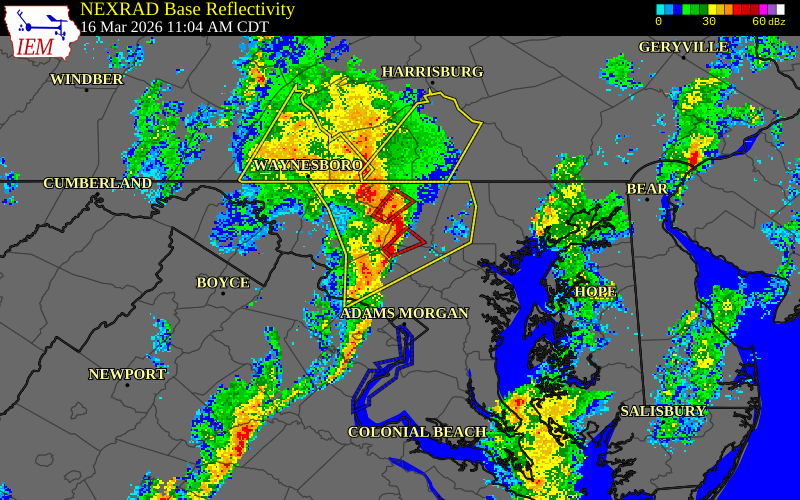 NEXRAD radar during the Monday, March 16, 2026 storm activity in Howard County, Maryland