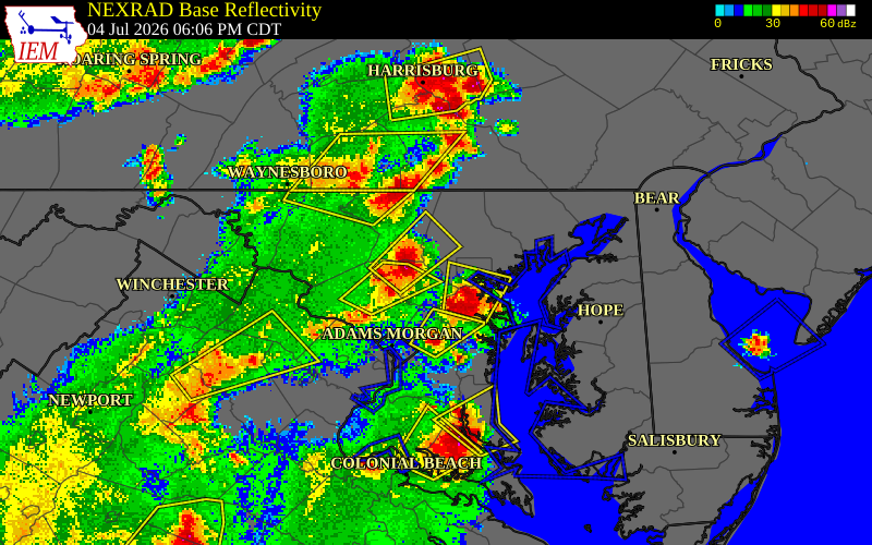 NEXRAD radar during the Saturday, July 4, 2026 storm activity in Howard County, Maryland