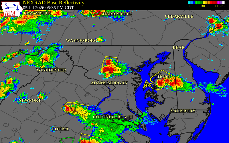 NEXRAD radar during the Sunday, July 5, 2026 storm activity in Howard County, Maryland