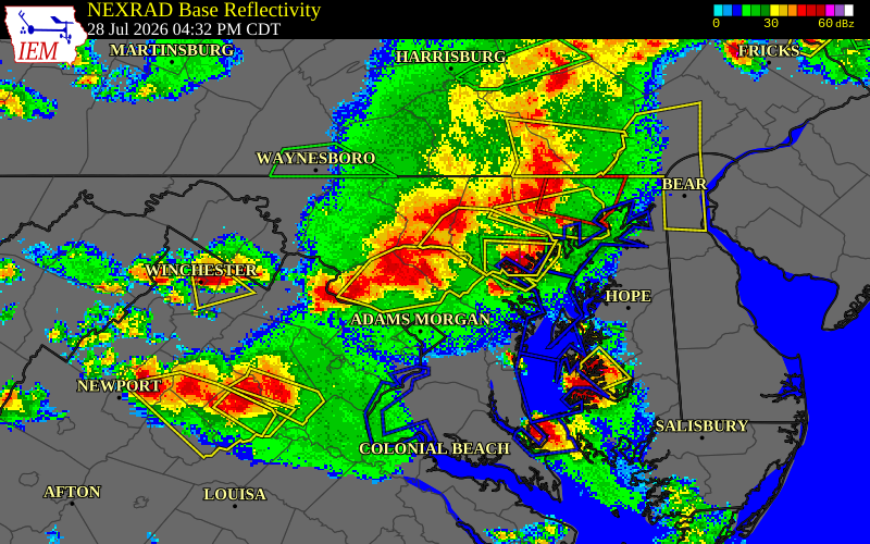 NEXRAD radar during the Tuesday, July 28, 2026 storm activity in Howard County, Maryland