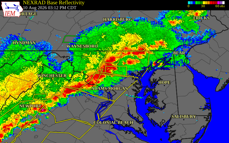 NEXRAD radar during the Monday, August 10, 2026 storm activity in Howard County, Maryland