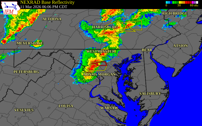 Radar snapshot during the Mar 11, 2026 tornado event near 2 S Gaither, Howard County, Maryland, with NWS warning polygons