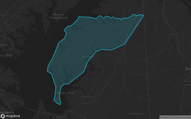 Map of Kent County, Maryland showing the county boundary and surrounding cities