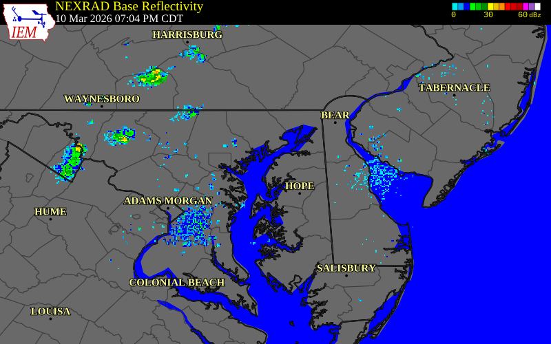 NEXRAD radar during the Tuesday, March 10, 2026 storm activity in Kent County, Maryland
