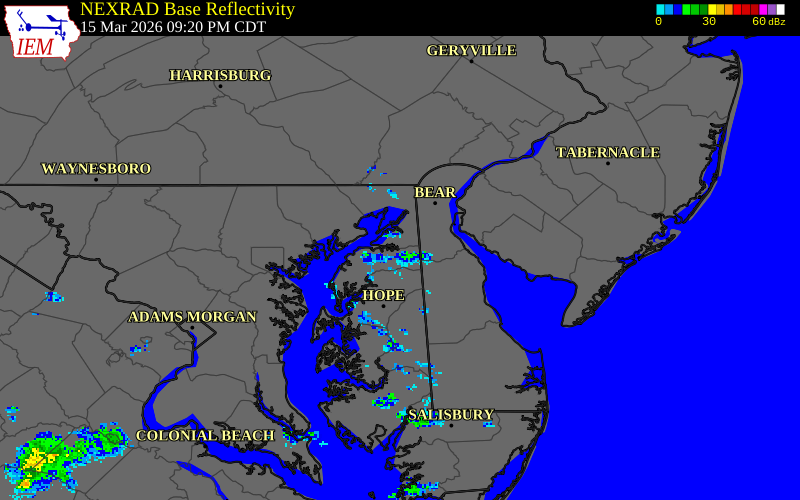 NEXRAD radar during the Sunday, March 15, 2026 storm activity in Kent County, Maryland