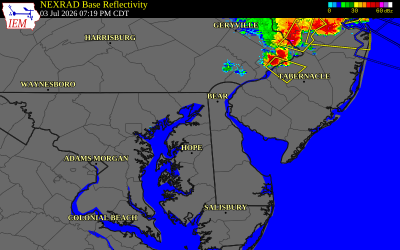 NEXRAD radar during the Friday, July 3, 2026 storm activity in Kent County, Maryland