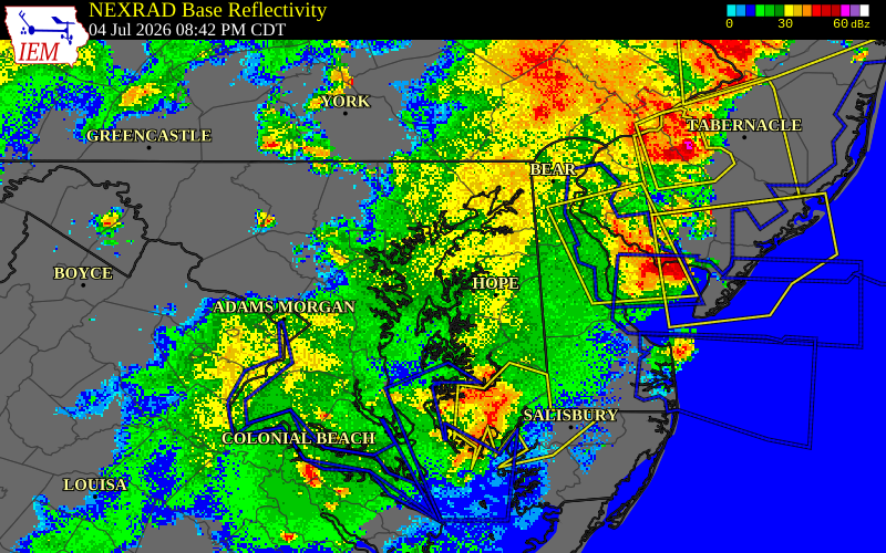 NEXRAD radar during the Saturday, July 4, 2026 storm activity in Kent County, Maryland