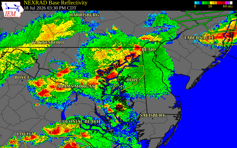 NEXRAD radar during the Saturday, July 18, 2026 storm activity in Kent County, Maryland