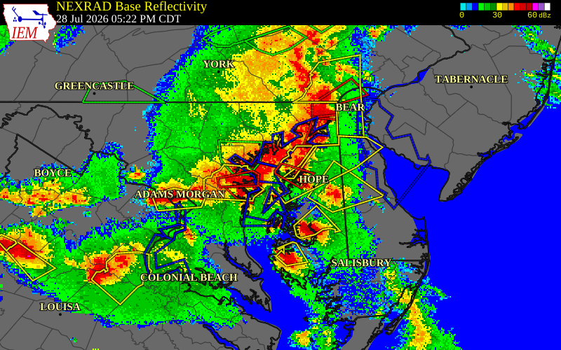 NEXRAD radar during the Tuesday, July 28, 2026 storm activity in Kent County, Maryland