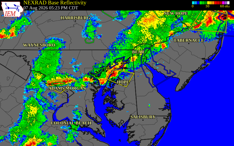 NEXRAD radar during the Friday, August 7, 2026 storm activity in Kent County, Maryland