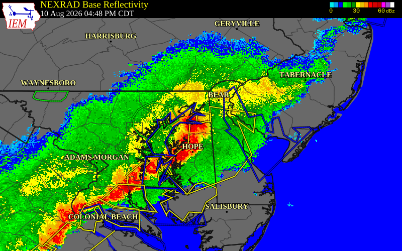 NEXRAD radar during the Monday, August 10, 2026 storm activity in Kent County, Maryland