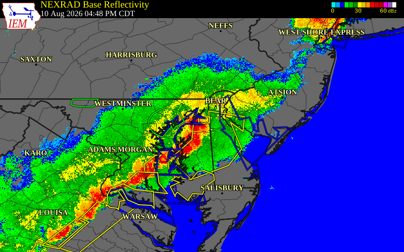 Radar snapshot during the Aug 10, 2026 wind event near Galena, Kent County, Maryland, with NWS warning polygons