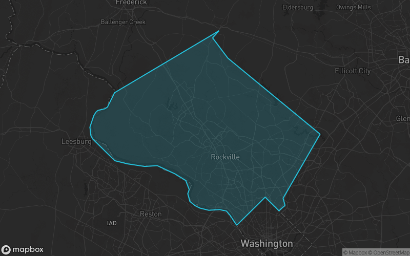 Map of Montgomery County, Maryland showing the county boundary and surrounding cities