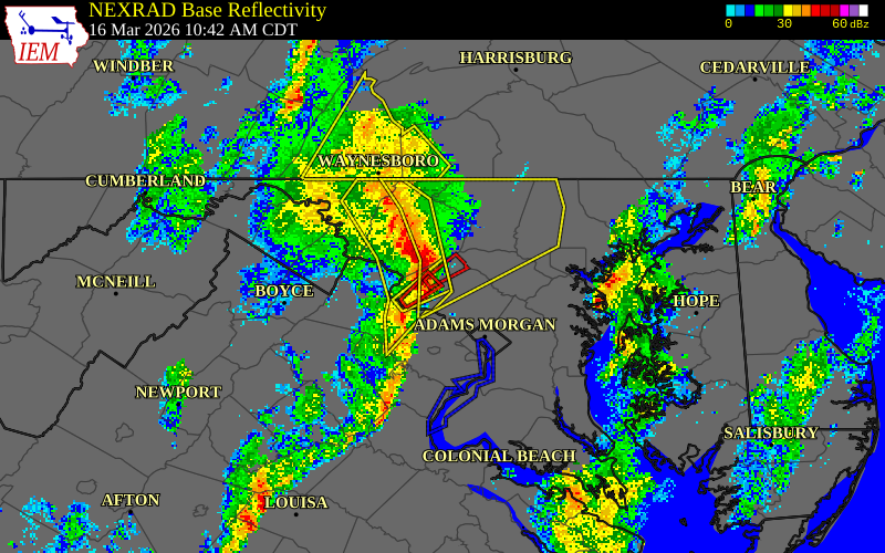 NEXRAD radar during the Monday, March 16, 2026 storm activity in Montgomery County, Maryland