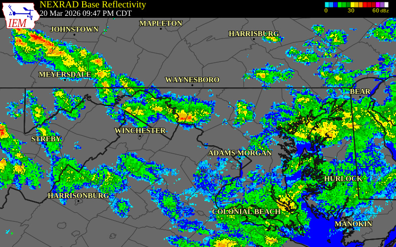 NEXRAD radar during the Friday, March 20, 2026 storm activity in Montgomery County, Maryland