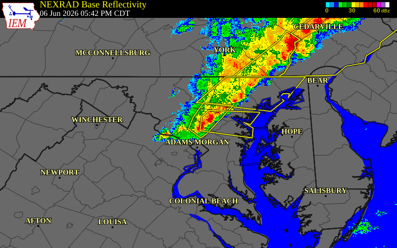 NEXRAD radar during the Saturday, June 6, 2026 storm activity in Montgomery County, Maryland