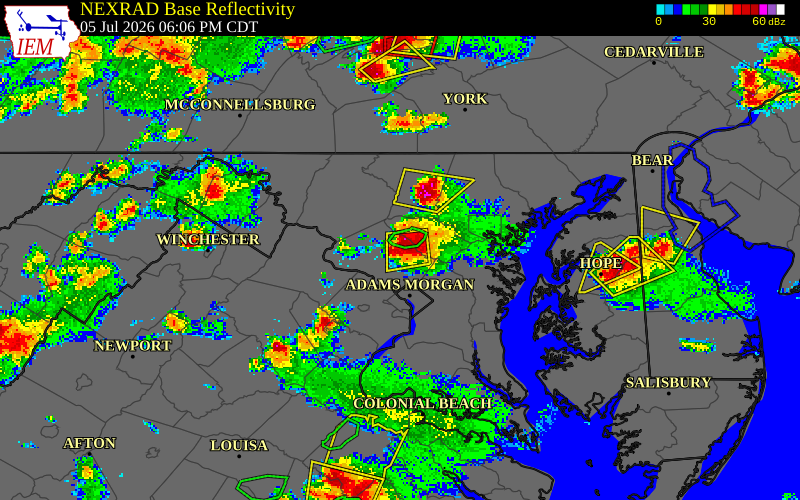 NEXRAD radar during the Sunday, July 5, 2026 storm activity in Montgomery County, Maryland