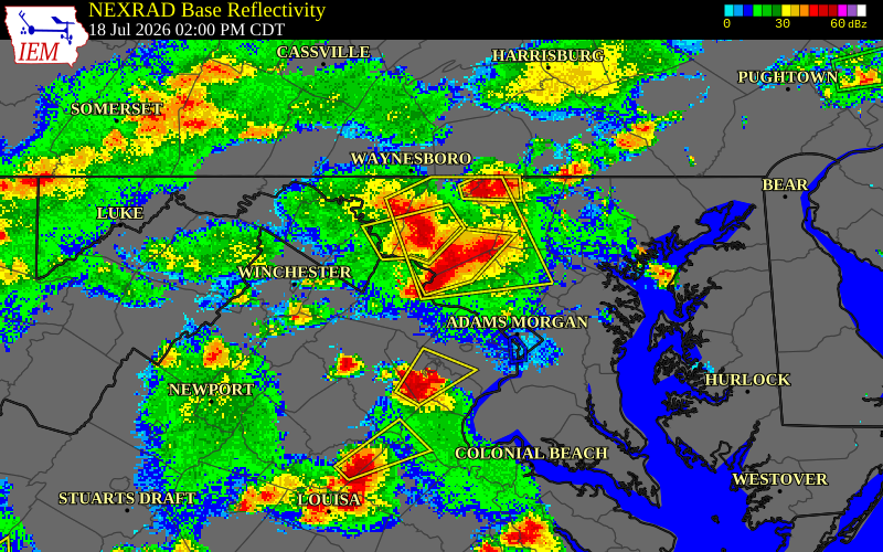 NEXRAD radar during the Saturday, July 18, 2026 storm activity in Montgomery County, Maryland
