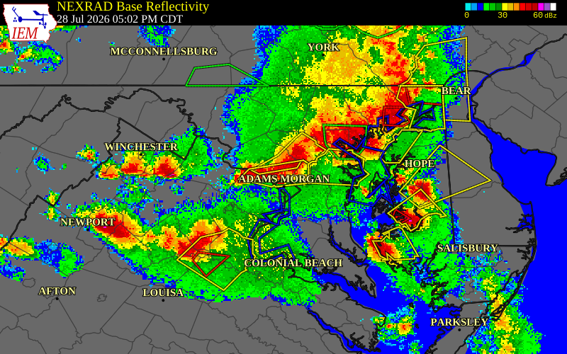NEXRAD radar during the Tuesday, July 28, 2026 storm activity in Montgomery County, Maryland