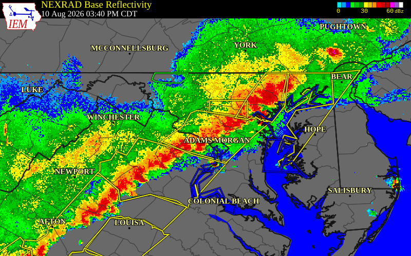NEXRAD radar during the Monday, August 10, 2026 storm activity in Montgomery County, Maryland