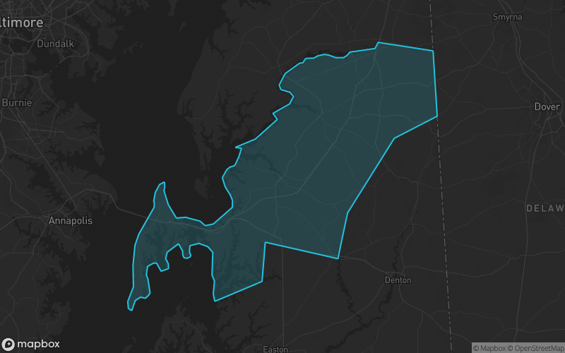 Map of Queen Anne's County, Maryland showing the county boundary and surrounding cities