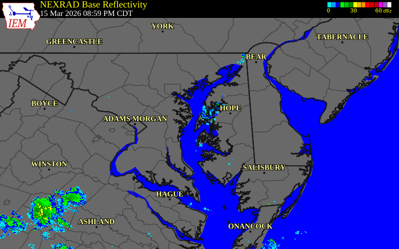 NEXRAD radar during the Sunday, March 15, 2026 storm activity in Queen Anne's County, Maryland