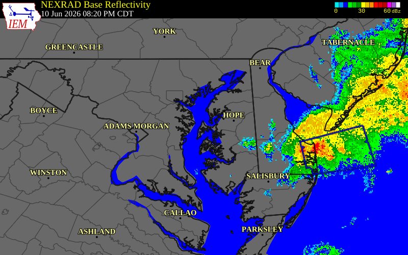 NEXRAD radar during the Wednesday, June 10, 2026 storm activity in Queen Anne's County, Maryland