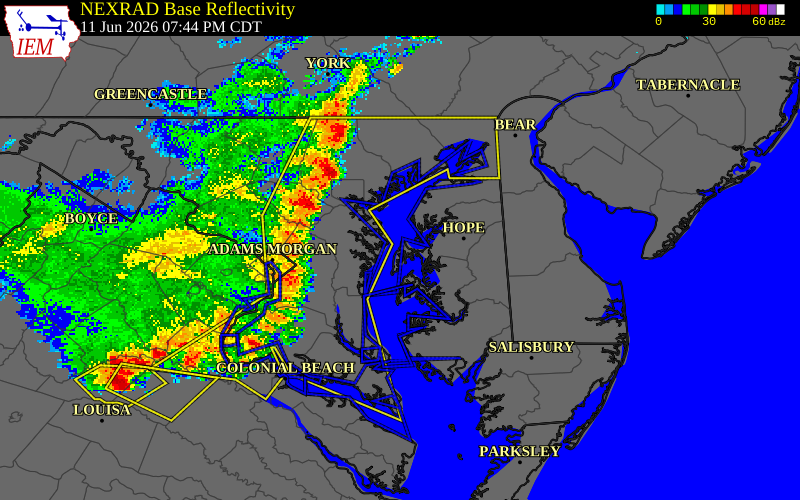 NEXRAD radar during the Thursday, June 11, 2026 storm activity in Queen Anne's County, Maryland