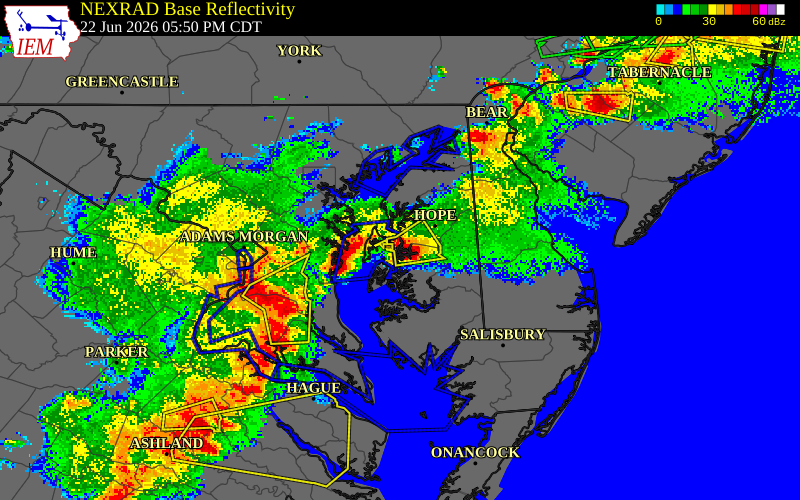 NEXRAD radar during the Monday, June 22, 2026 storm activity in Queen Anne's County, Maryland