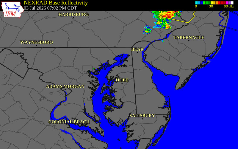 NEXRAD radar during the Friday, July 3, 2026 storm activity in Queen Anne's County, Maryland