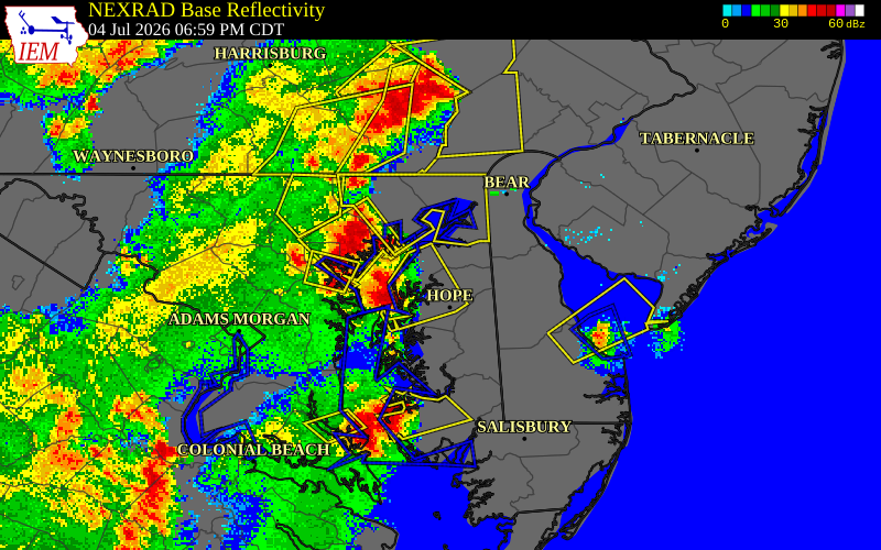 NEXRAD radar during the Saturday, July 4, 2026 storm activity in Queen Anne's County, Maryland