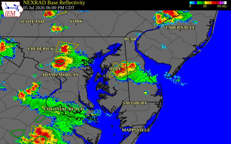 NEXRAD radar during the Sunday, July 5, 2026 storm activity in Queen Anne's County, Maryland