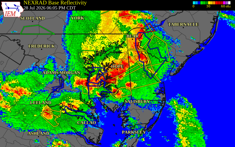NEXRAD radar during the Tuesday, July 28, 2026 storm activity in Queen Anne's County, Maryland