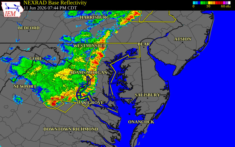 Radar snapshot during the Jun 11, 2026 wind event near 1 WSW Stevensville, Queen Anne's County, Maryland, with NWS warning polygons